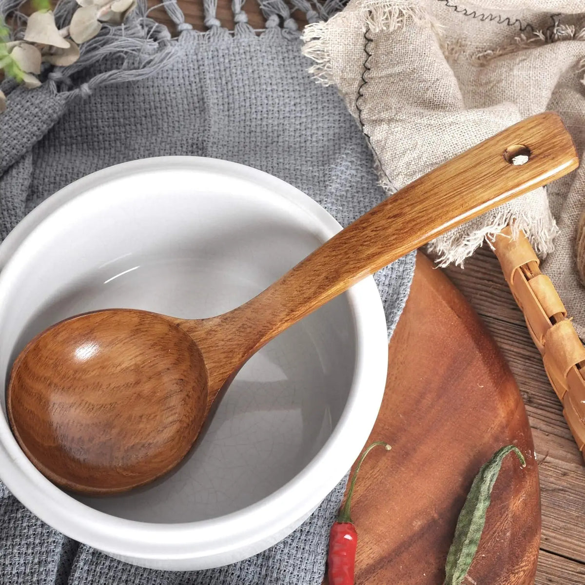 Handmade Natural Wood Eco-Friendly Lightweight Spoon Long Handle Durable Wooden Kitchen Utensil Serving Soup Stew Curry Set of 2