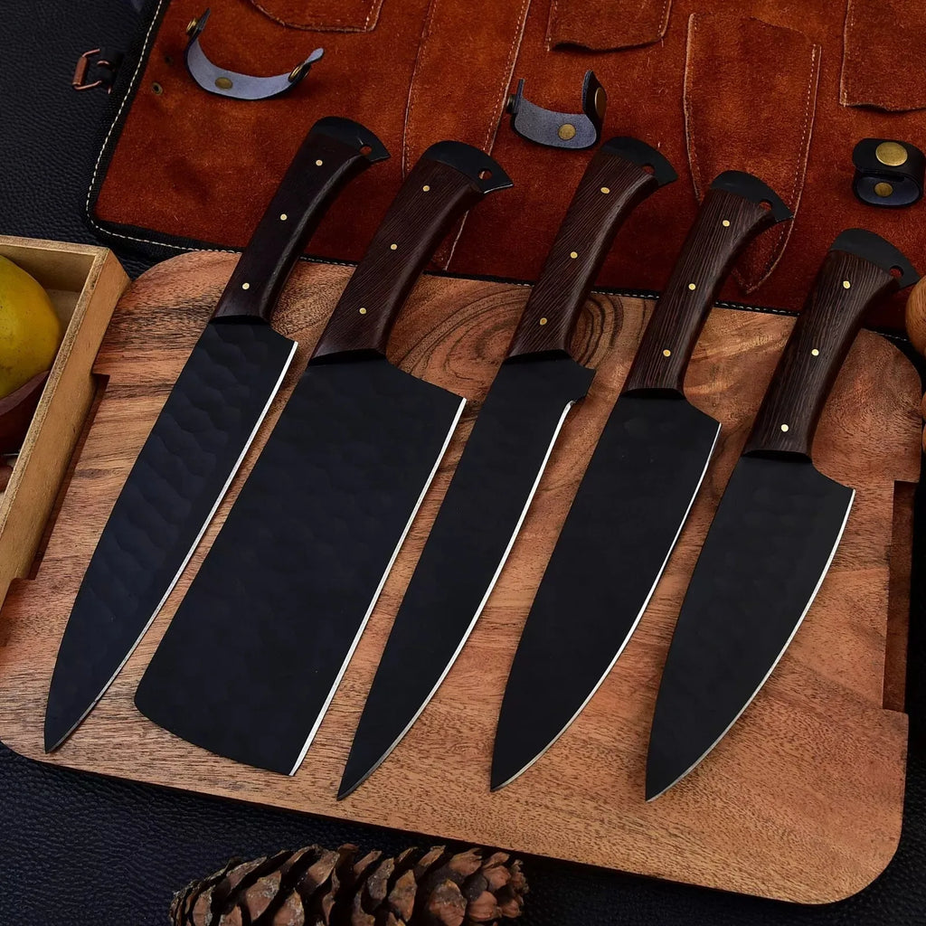 Custom Handmade Eco-Friendly 5-Piece Stainless Steel Kitchen Chef Set Straight Ambidextrous Wood Handles Black Powder Coating