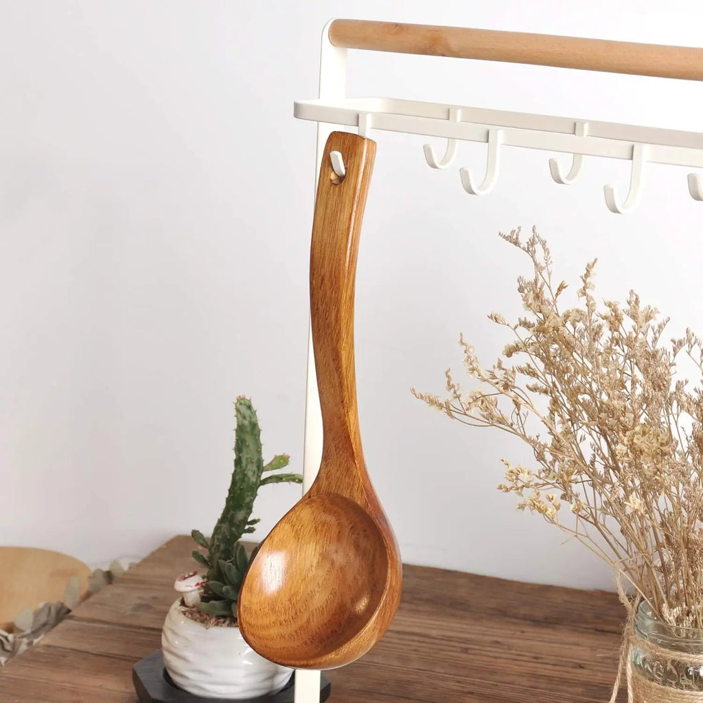 Handmade Natural Wood Eco-Friendly Lightweight Spoon Long Handle Durable Wooden Kitchen Utensil Serving Soup Stew Curry Set of 2