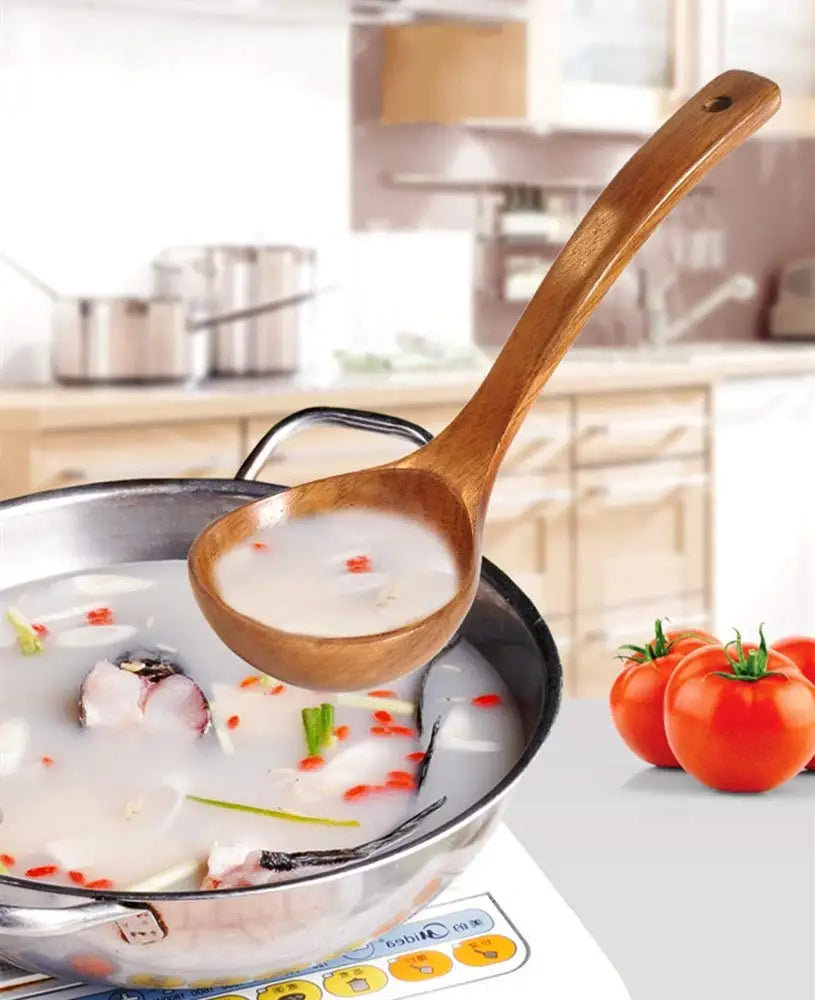 Handmade Natural Wood Eco-Friendly Lightweight Spoon Long Handle Durable Wooden Kitchen Utensil Serving Soup Stew Curry Set of 2