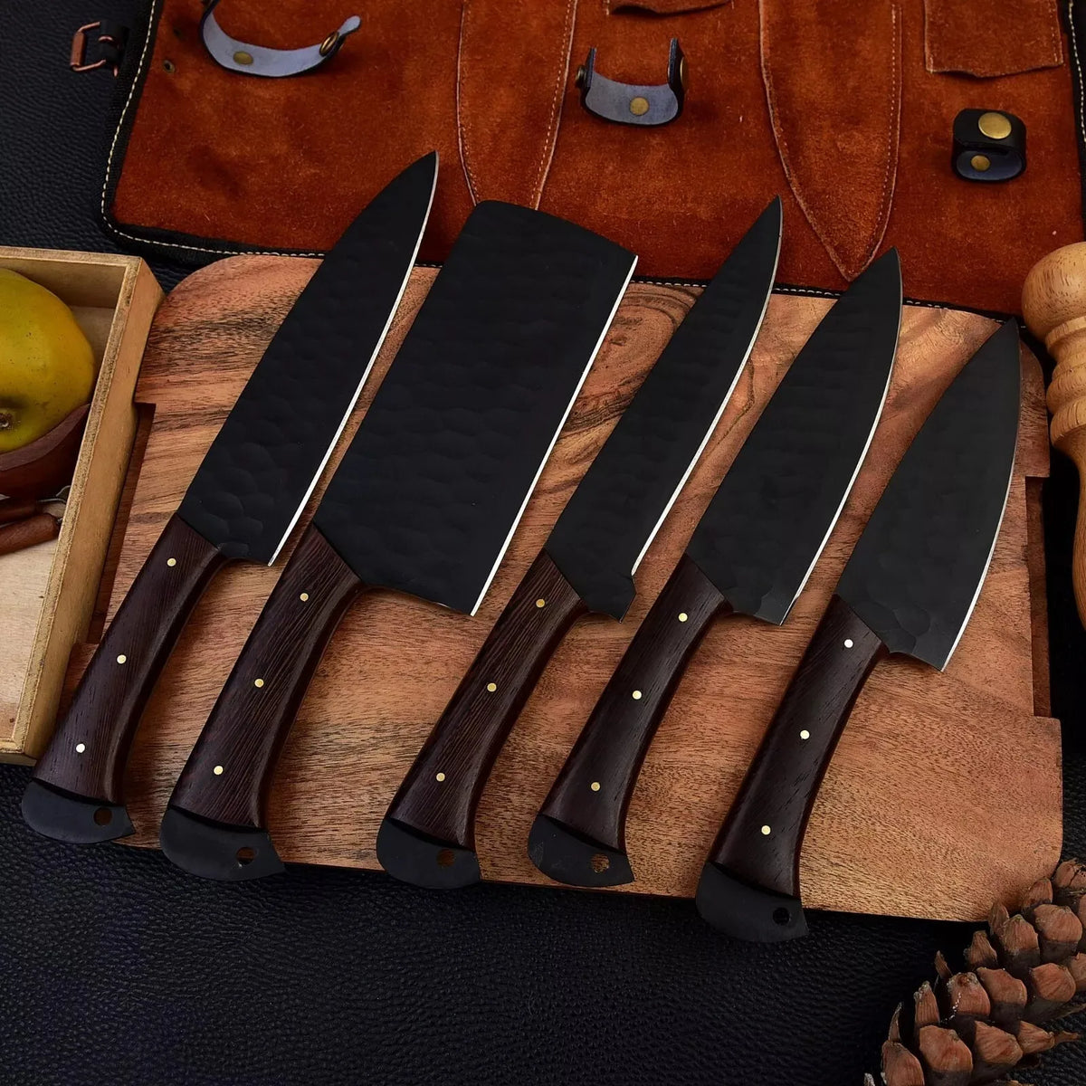Custom Handmade Eco-Friendly 5-Piece Stainless Steel Kitchen Chef Set Straight Ambidextrous Wood Handles Black Powder Coating