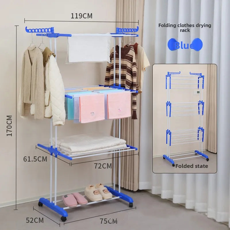 New Hot Sale Indoor Wardrobe Floor-standing Folding Mobile Iron Multi-functional Three-layer Towel Drying Rack