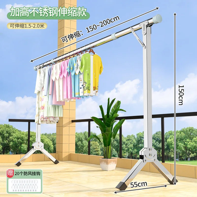 Foldable Extendable Single Rod Clothes Drying Rack Freestanding Laundry Garment Stand For Balcony Indoor Use
