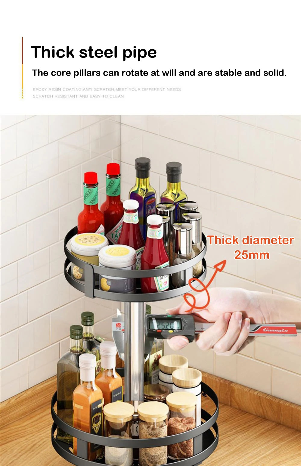 Multifunction Kitchen 3-layer Rotating Tray Storage Organizer Carbon Steel Spices Container Set Rack Jar Cans for Accessories