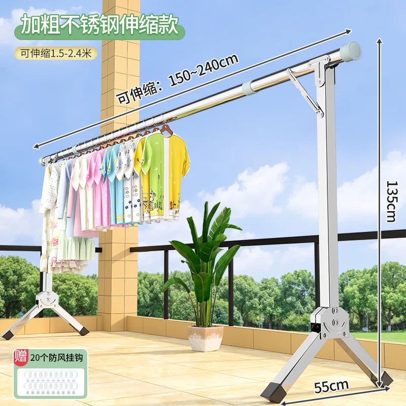 Foldable Extendable Single Rod Clothes Drying Rack Freestanding Laundry Garment Stand For Balcony Indoor Use