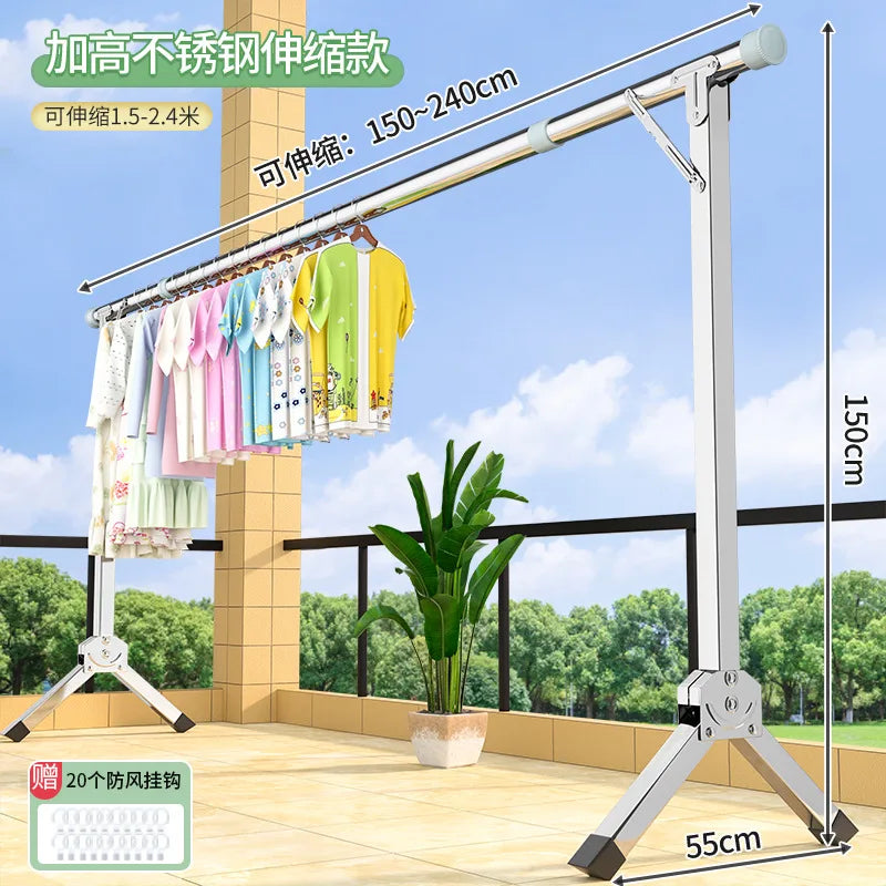 Foldable Extendable Single Rod Clothes Drying Rack Freestanding Laundry Garment Stand For Balcony Indoor Use