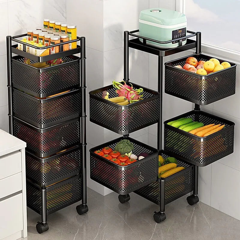 Wholesale Home Metal Kitchen Trolley Cart Multilayer Rotating Vegetable Baskets Movable Fruit Snack Organizer Storage Rack Shelf