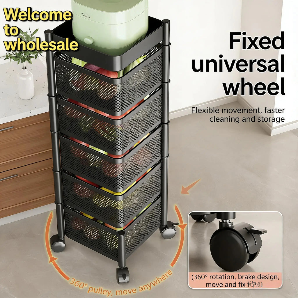 Wholesale Home Metal Kitchen Trolley Cart Multilayer Rotating Vegetable Baskets Movable Fruit Snack Organizer Storage Rack Shelf