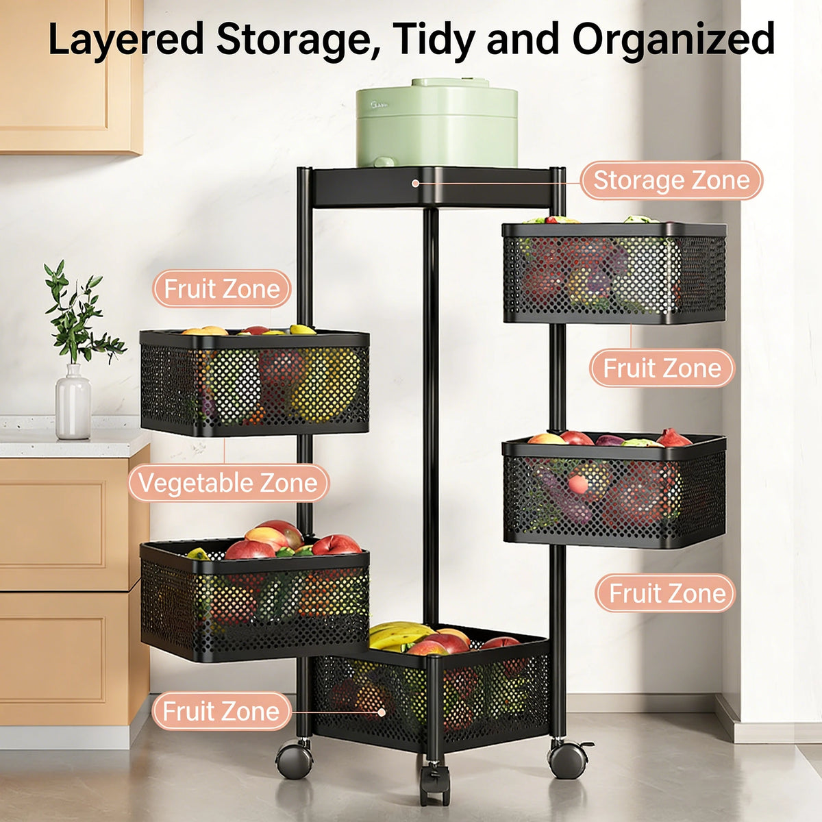 Wholesale Home Metal Kitchen Trolley Cart Multilayer Rotating Vegetable Baskets Movable Fruit Snack Organizer Storage Rack Shelf