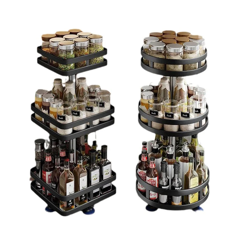 Multifunction Kitchen 3-layer Rotating Tray Storage Organizer Carbon Steel Spices Container Set Rack Jar Cans for Accessories