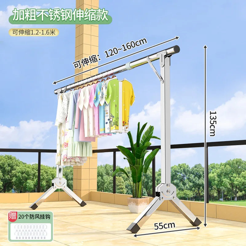 Foldable Extendable Single Rod Clothes Drying Rack Freestanding Laundry Garment Stand For Balcony Indoor Use