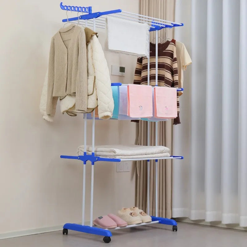 New Hot Sale Indoor Wardrobe Floor-standing Folding Mobile Iron Multi-functional Three-layer Towel Drying Rack