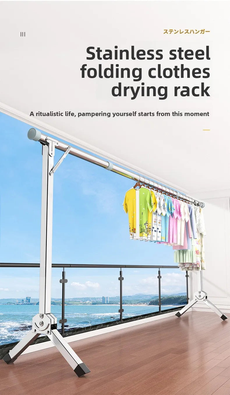 Foldable Extendable Single Rod Clothes Drying Rack Freestanding Laundry Garment Stand For Balcony Indoor Use