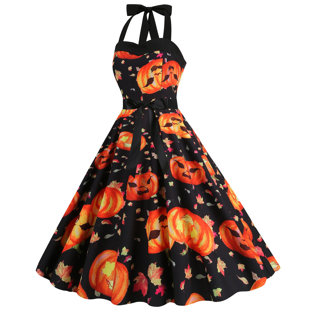 Factory direct supply 2024 Halloween new Hepburn style high waist slim hanging neck large swing long retro dress