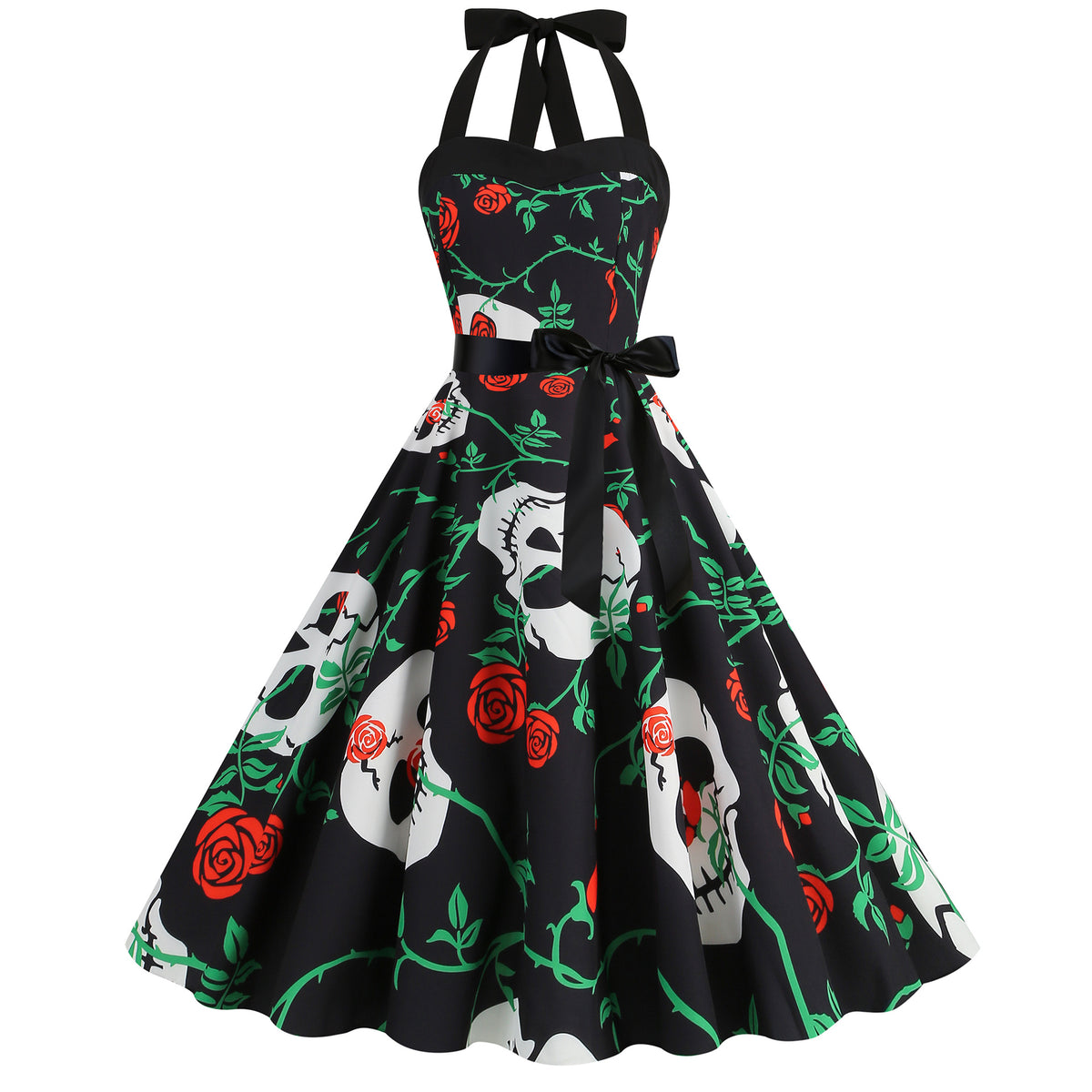 Factory direct supply 2024 Halloween new Hepburn style high waist slim hanging neck large swing long retro dress