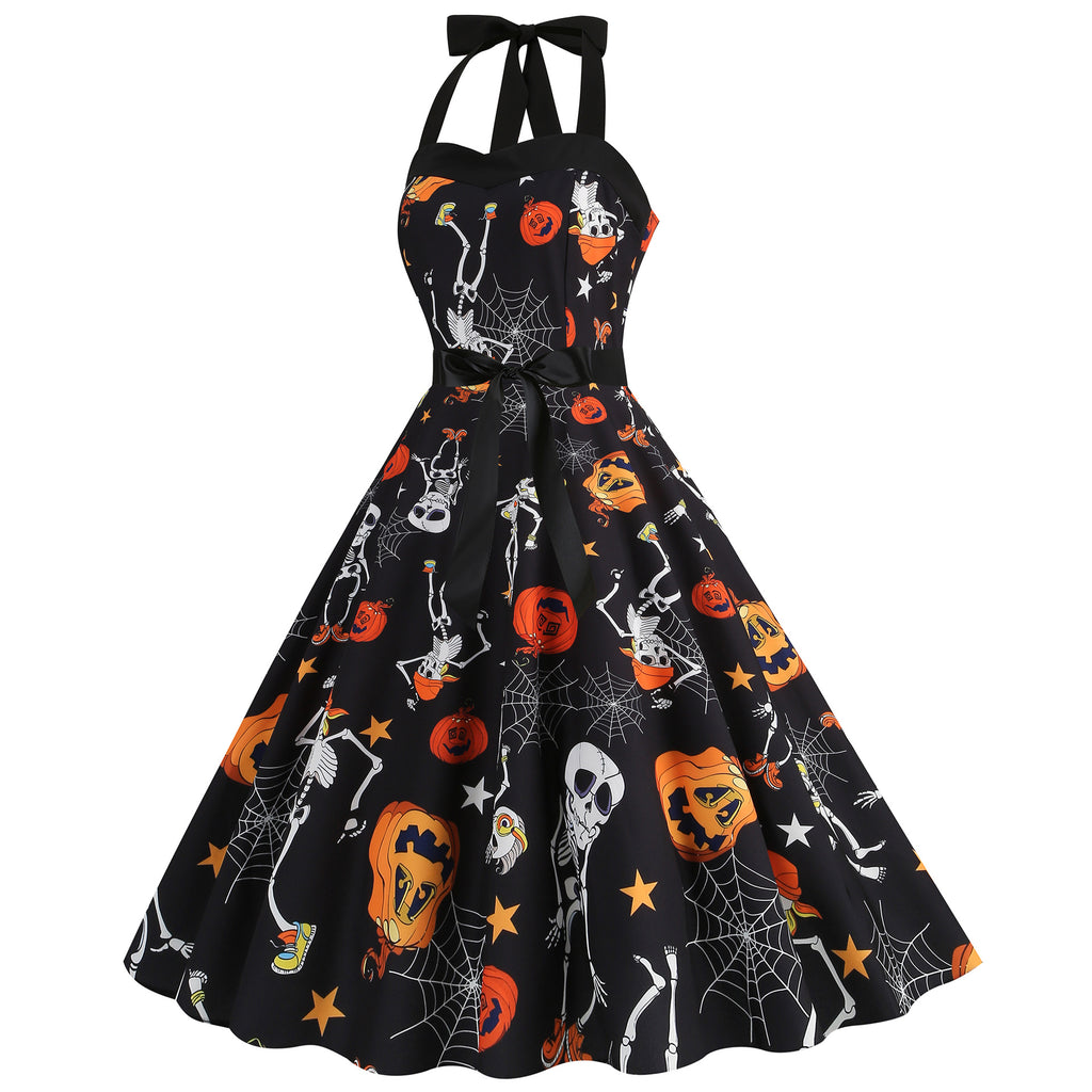 Factory direct supply 2024 Halloween new Hepburn style high waist slim hanging neck large swing long retro dress