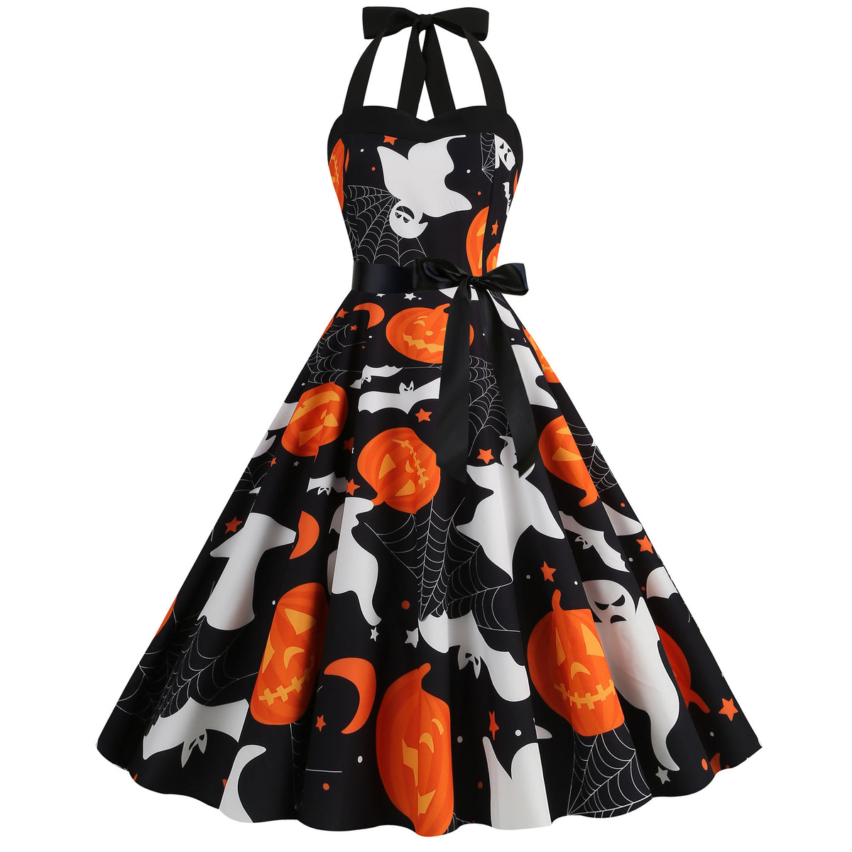 Factory direct supply 2024 Halloween new Hepburn style high waist slim hanging neck large swing long retro dress