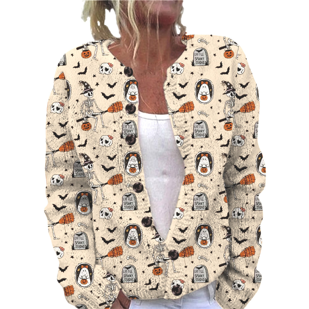 Ll-Yk1 Halloween Cardigan Round Neck Long-Sleeved 3D Printed Sweater European and American Cross-Border Casual Women's Clothing Amazon Theme