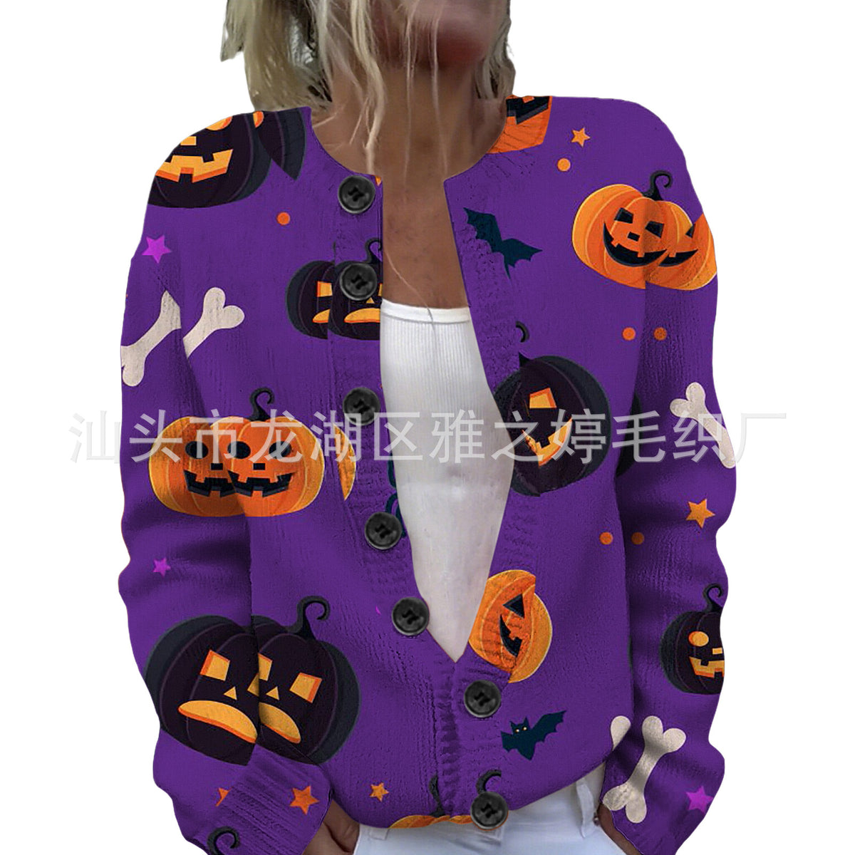Ll-Yk1 Halloween Cardigan Round Neck Long-Sleeved 3D Printed Sweater European and American Cross-Border Casual Women's Clothing Amazon Theme