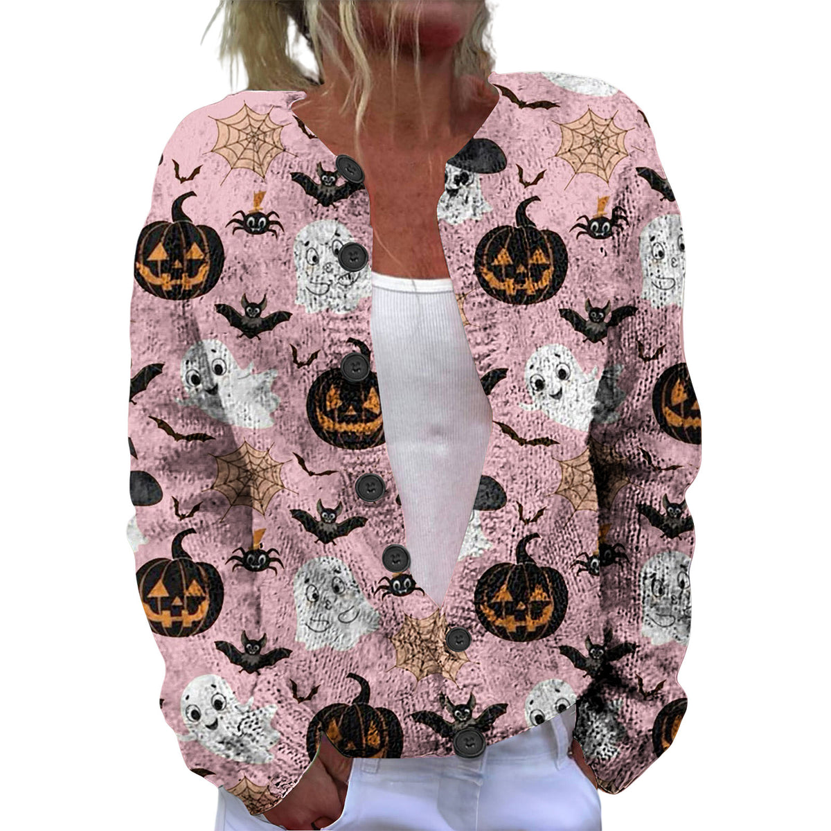 Ll-Yk1 Halloween Cardigan Round Neck Long-Sleeved 3D Printed Sweater European and American Cross-Border Casual Women's Clothing Amazon Theme