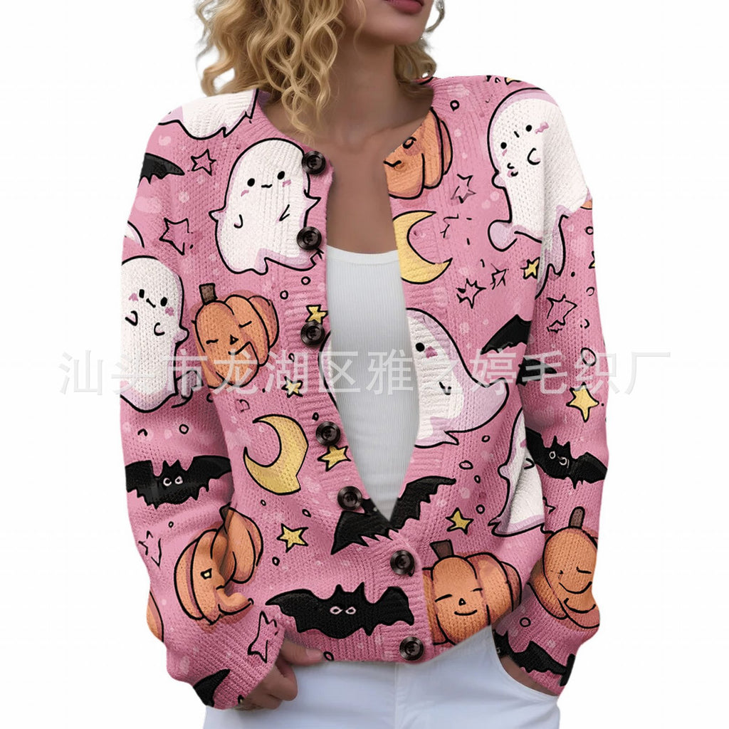 Ll-Yk1 Halloween Cardigan Round Neck Long-Sleeved 3D Printed Sweater European and American Cross-Border Casual Women's Clothing Amazon Theme