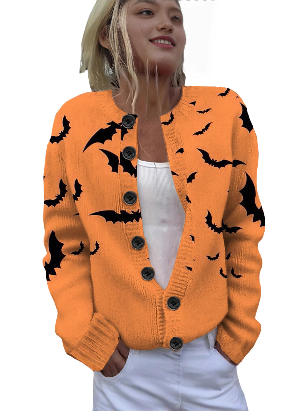 Ll-Yk1 Halloween Cardigan Round Neck Long-Sleeved 3D Printed Sweater European and American Cross-Border Casual Women's Clothing Amazon Theme