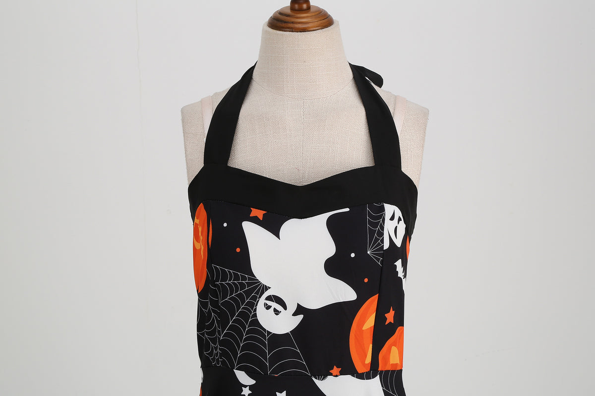 Factory direct supply 2024 Halloween new Hepburn style high waist slim hanging neck large swing long retro dress