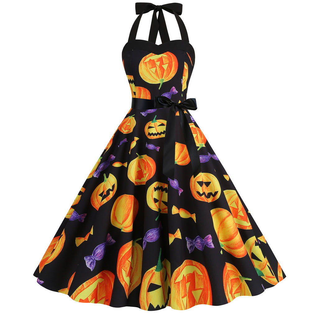 Factory direct supply 2024 Halloween new Hepburn style high waist slim hanging neck large swing long retro dress