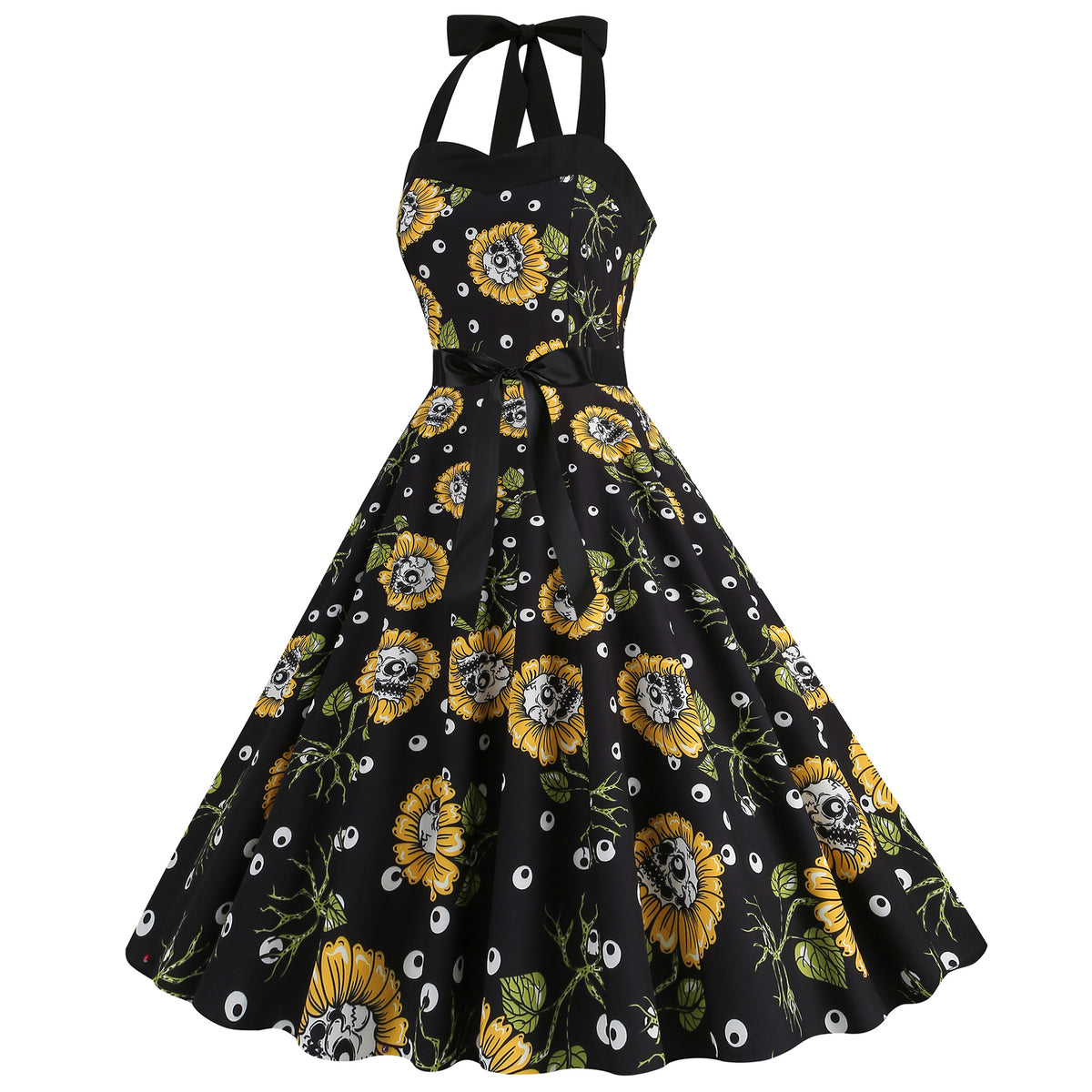 Factory direct supply 2024 Halloween new Hepburn style high waist slim hanging neck large swing long retro dress