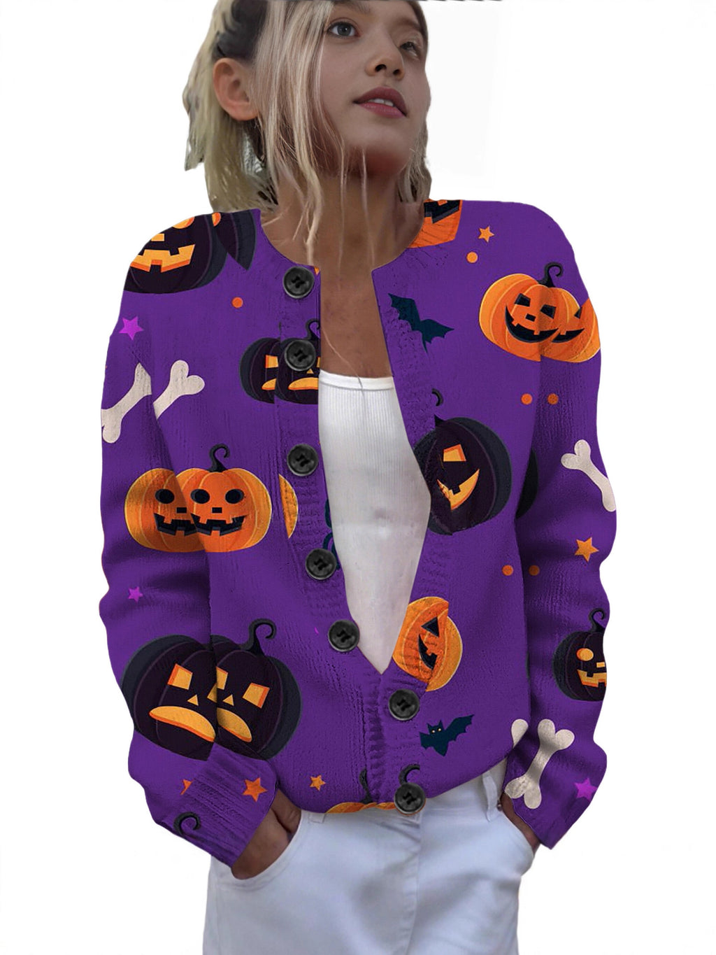 Ll-Yk1 Halloween Cardigan Round Neck Long-Sleeved 3D Printed Sweater European and American Cross-Border Casual Women's Clothing Amazon Theme