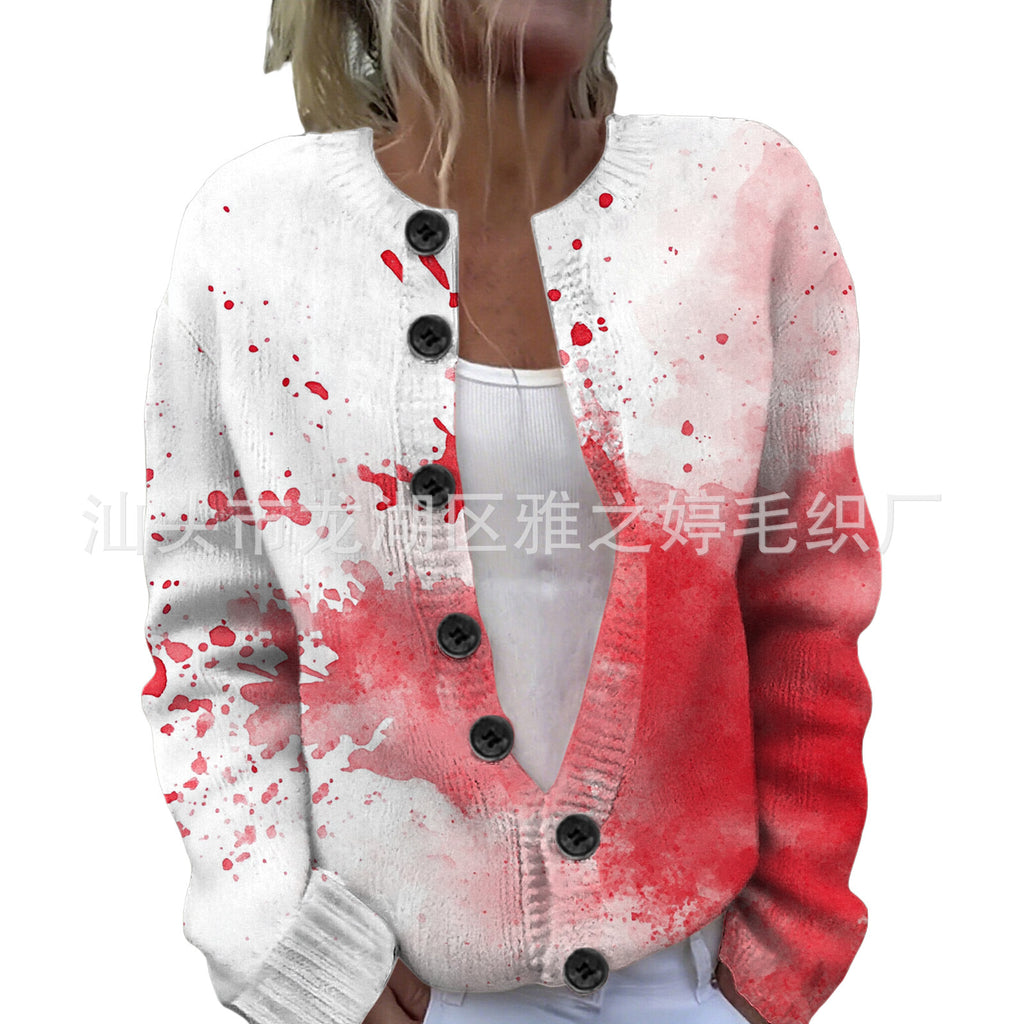 Ll-Yk1 Halloween Cardigan Round Neck Long-Sleeved 3D Printed Sweater European and American Cross-Border Casual Women's Clothing Amazon Theme