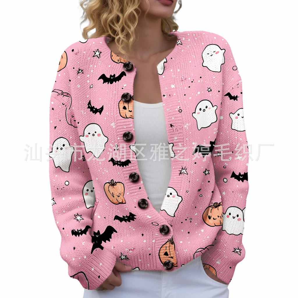 Ll-Yk1 Halloween Cardigan Round Neck Long-Sleeved 3D Printed Sweater European and American Cross-Border Casual Women's Clothing Amazon Theme