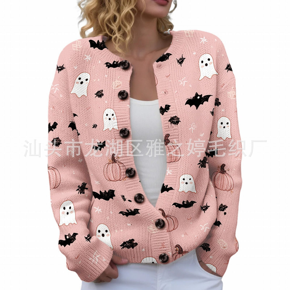 Ll-Yk1 Halloween Cardigan Round Neck Long-Sleeved 3D Printed Sweater European and American Cross-Border Casual Women's Clothing Amazon Theme