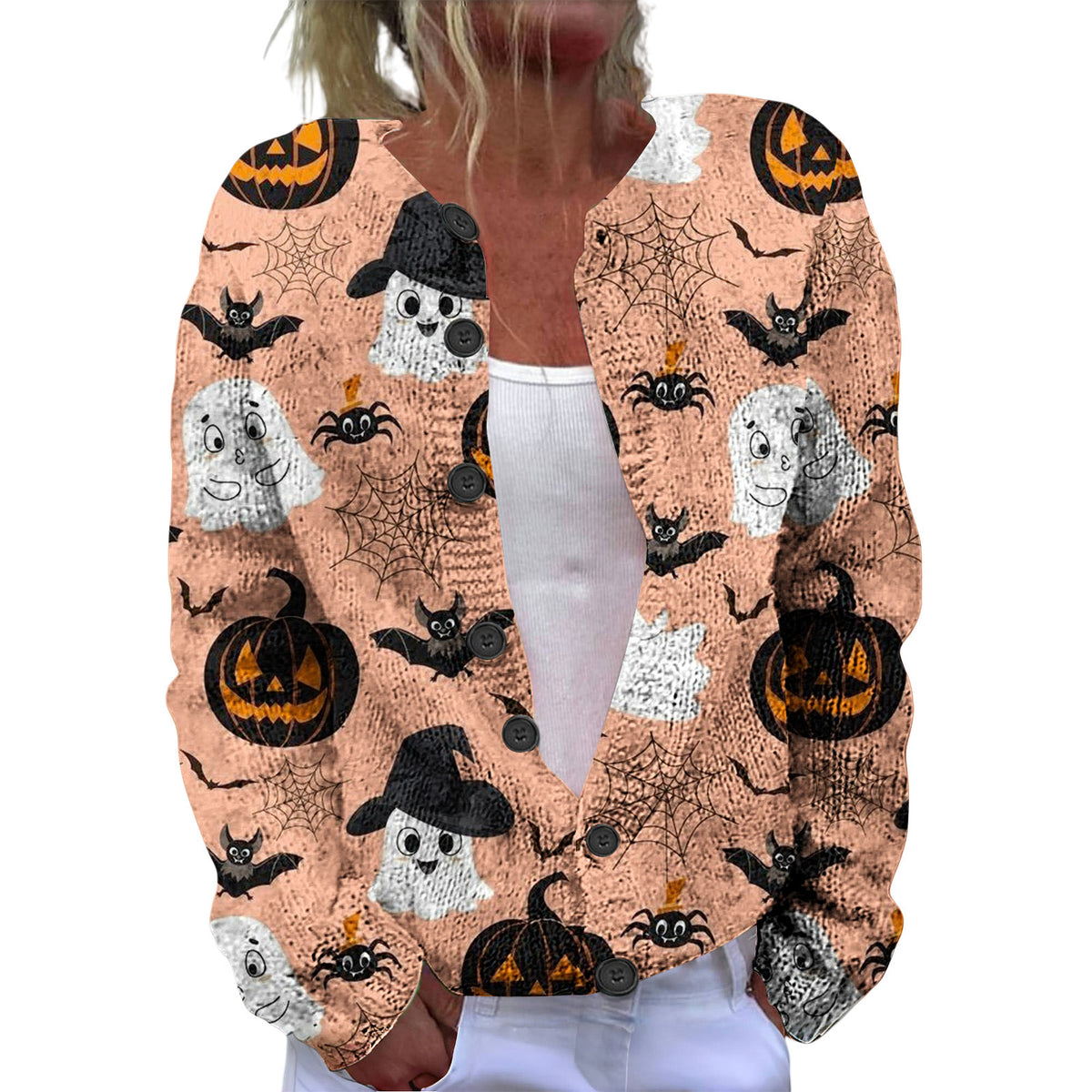 Ll-Yk1 Halloween Cardigan Round Neck Long-Sleeved 3D Printed Sweater European and American Cross-Border Casual Women's Clothing Amazon Theme