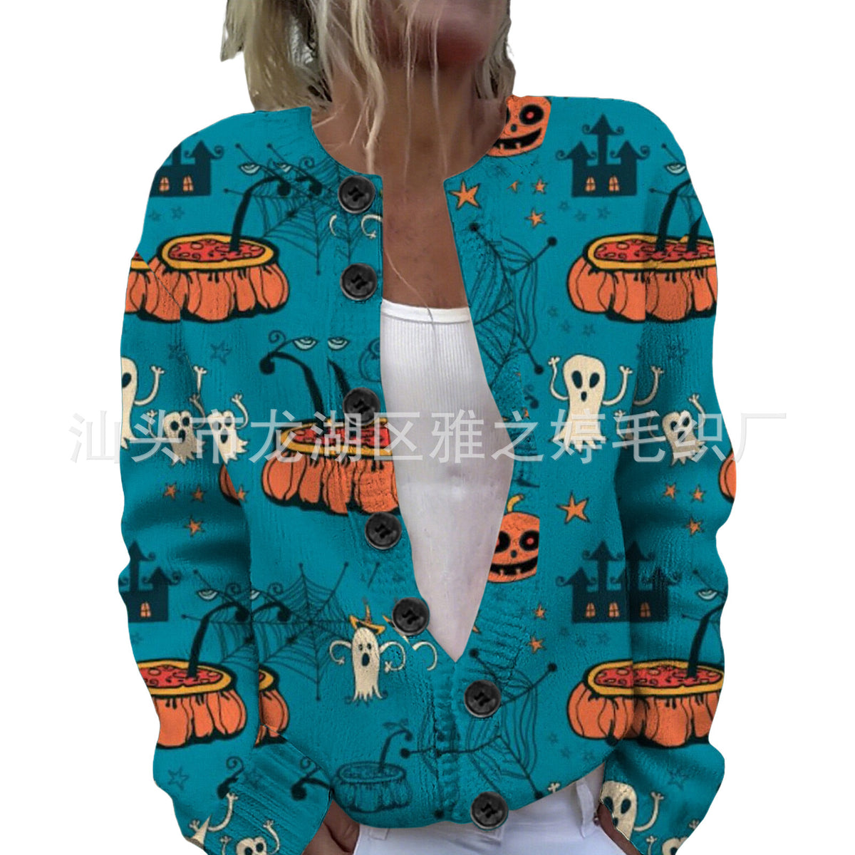 Ll-Yk1 Halloween Cardigan Round Neck Long-Sleeved 3D Printed Sweater European and American Cross-Border Casual Women's Clothing Amazon Theme