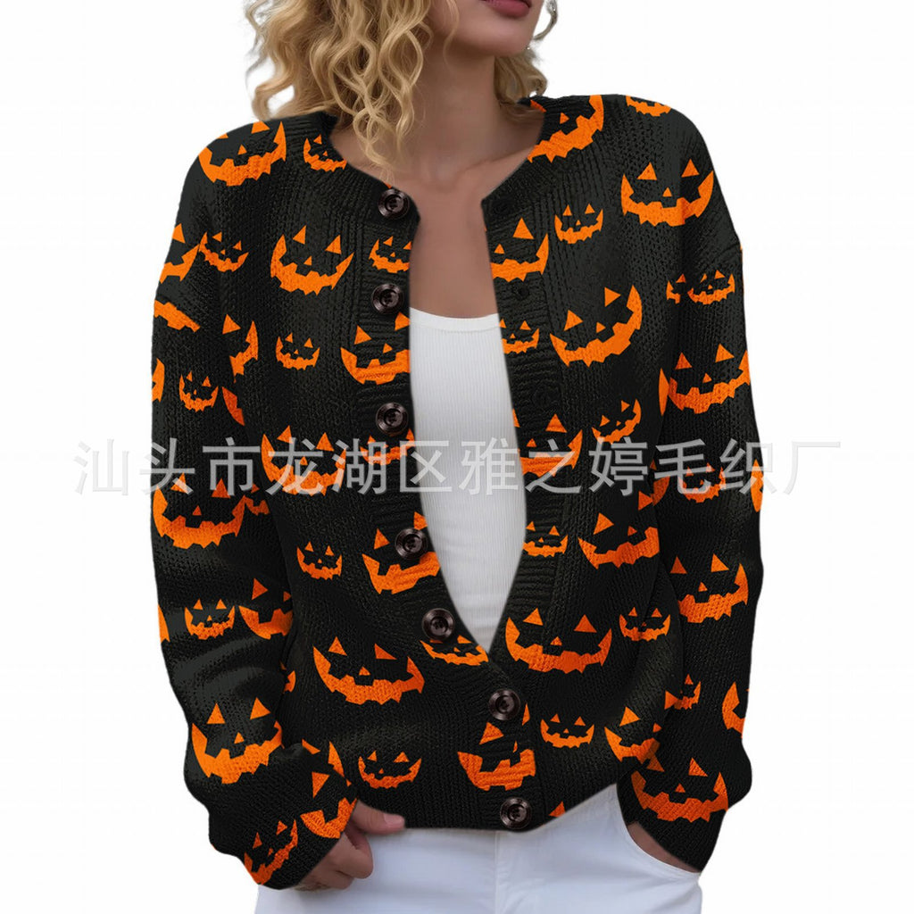 Ll-Yk1 Halloween Cardigan Round Neck Long-Sleeved 3D Printed Sweater European and American Cross-Border Casual Women's Clothing Amazon Theme