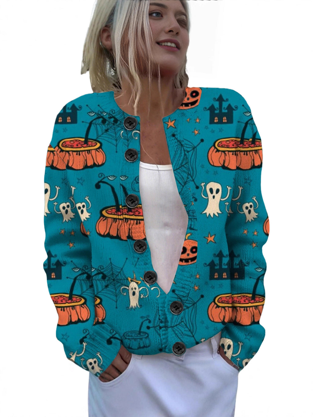 Ll-Yk1 Halloween Cardigan Round Neck Long-Sleeved 3D Printed Sweater European and American Cross-Border Casual Women's Clothing Amazon Theme