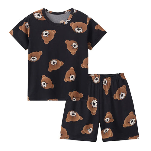 2-Piece Children's Cute Bear Print Fashion Suit Boy's Casual Fashion Round Neck Shirt Girl's Comfortable Wild Shorts Combination