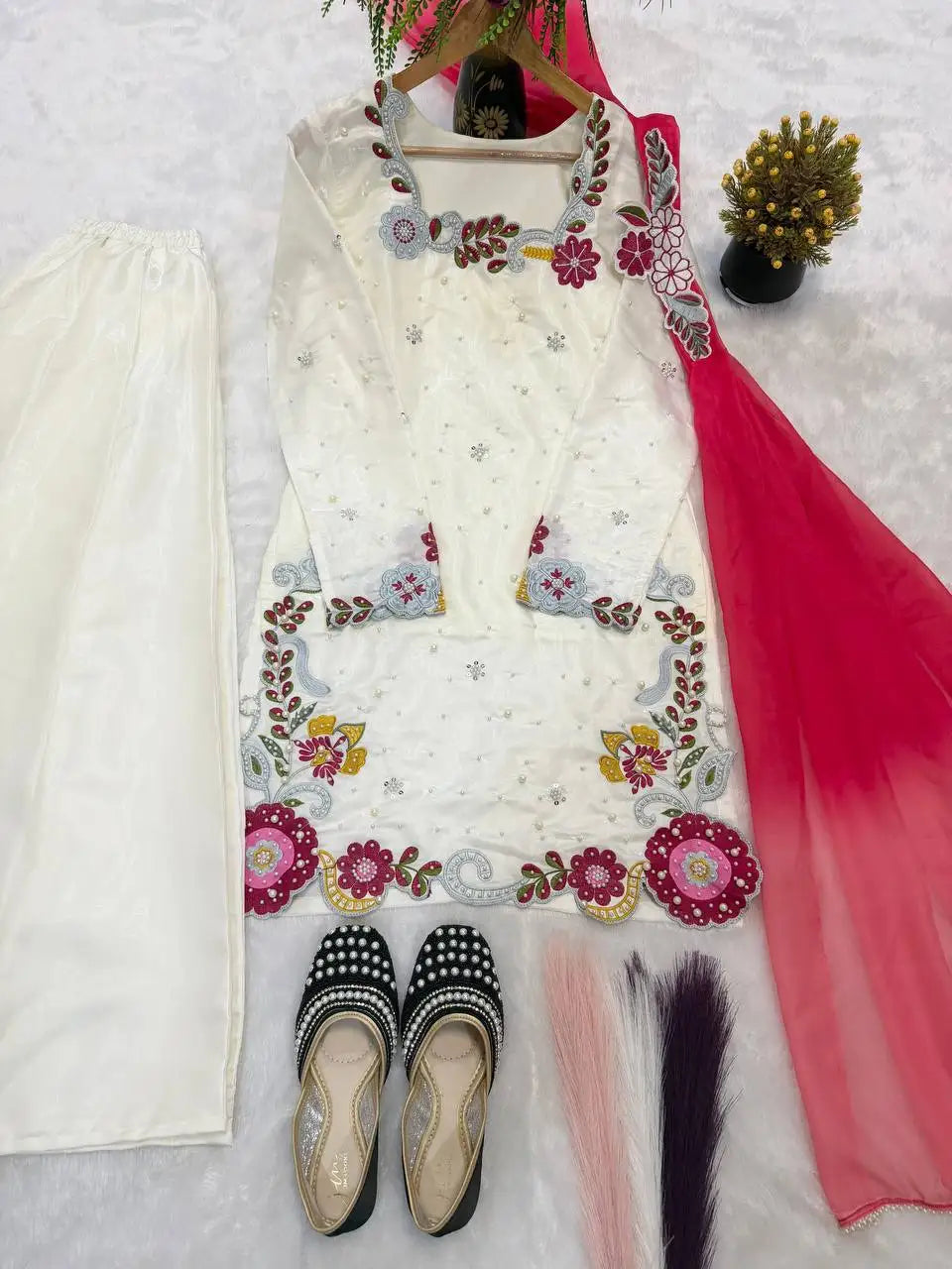 New Designer Party Wear Look SIlk Top ,Sharara Plazzo and Dupatta With Multi Embroidery And Moti Work Readymade Wear Wholesale