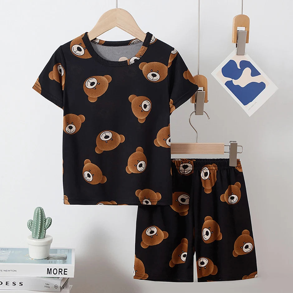 2-Piece Children's Cute Bear Print Fashion Suit Boy's Casual Fashion Round Neck Shirt Girl's Comfortable Wild Shorts Combination