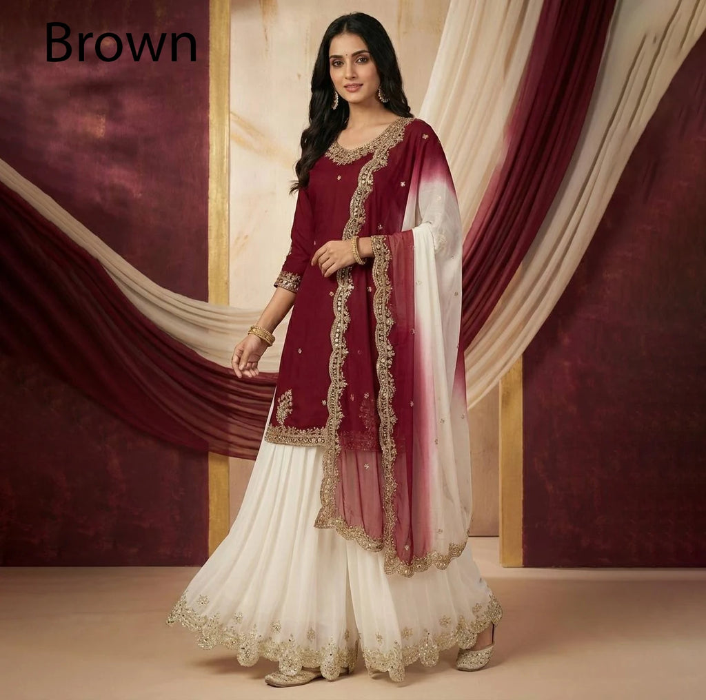 Wholesale Stitched Designer Indian Sequin Embroidered Crepe Sharara Gharara Kurti Set Diwali Wedding PartyWear 3Pcs Premium