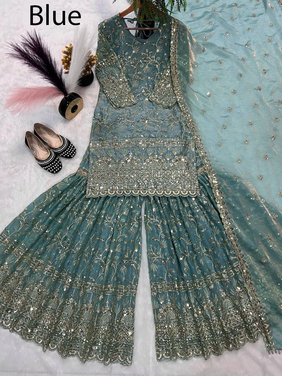 Modern Heavy Faux Georgette Fabric Indian & Pakistani Ethnic Dress Designer Sharara Suit & Palazzo with Dupatta in Ready To Wear