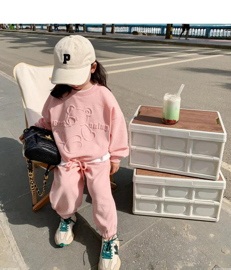 3-8 Years Girls Casual Clothing Set Spring Autumn New Cartoon Bear Print Long Sleeved Sweatershirt+Pants 2Pcs Sports Outfit