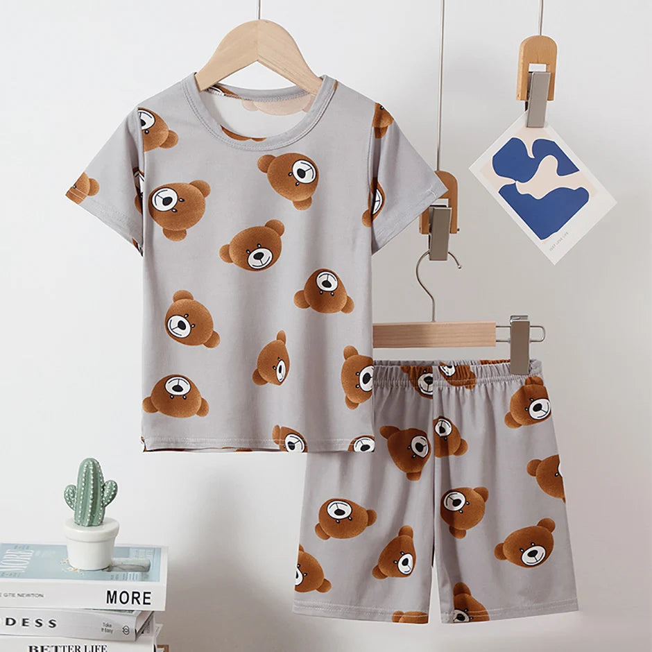 2-Piece Children's Cute Bear Print Fashion Suit Boy's Casual Fashion Round Neck Shirt Girl's Comfortable Wild Shorts Combination
