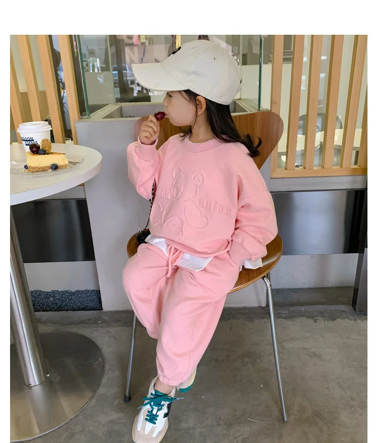 3-8 Years Girls Casual Clothing Set Spring Autumn New Cartoon Bear Print Long Sleeved Sweatershirt+Pants 2Pcs Sports Outfit