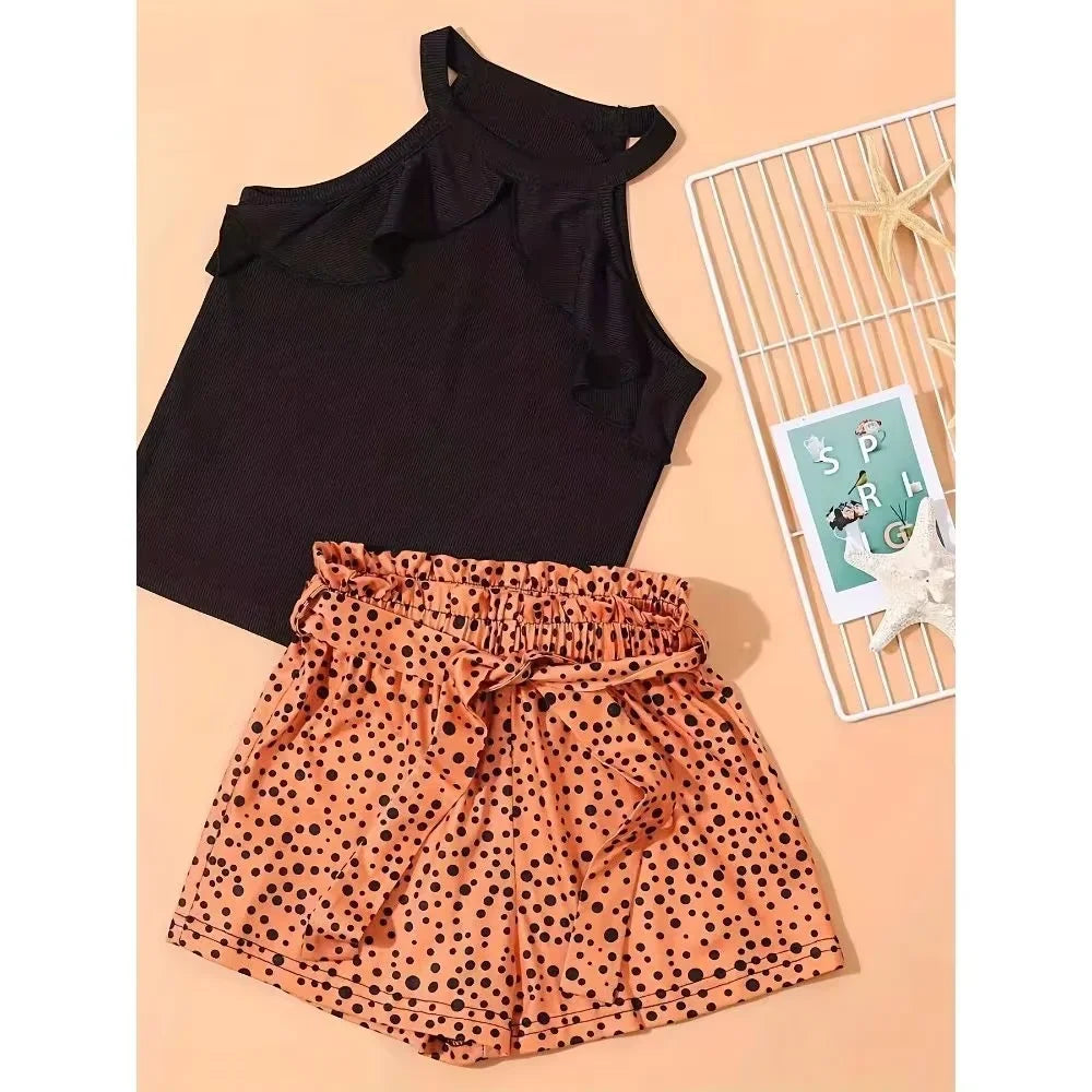 2PCS Girl's Trendy Outfit Ribbed T-shirt and Leopard Pattern Shorts Set Kid's Clothes for Summer Kids Boutique Clothes