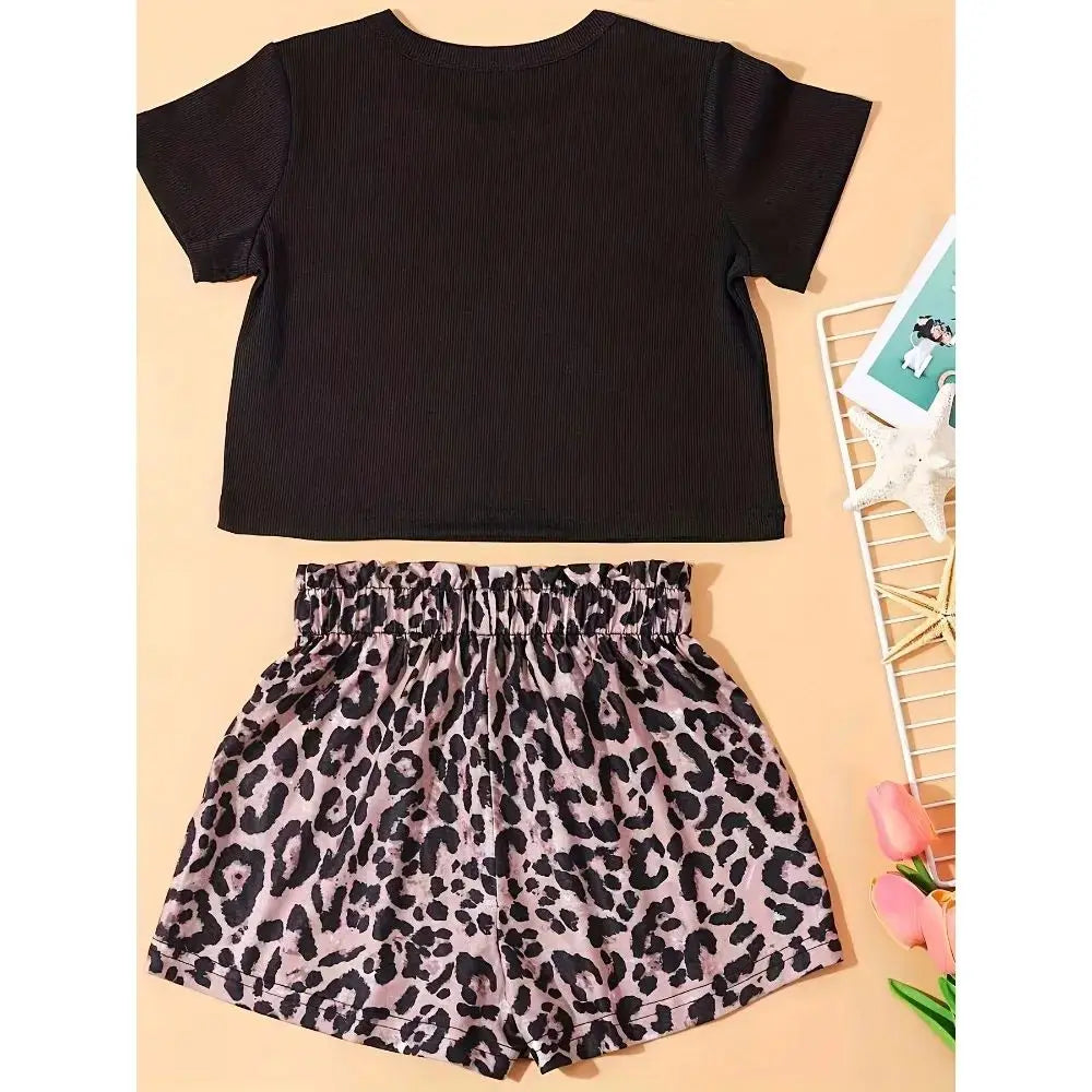 2PCS Girl's Trendy Outfit Ribbed T-shirt and Leopard Pattern Shorts Set Kid's Clothes for Summer Kids Boutique Clothes