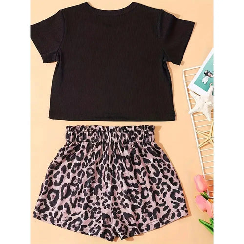2PCS Girl's Trendy Outfit Ribbed T-shirt and Leopard Pattern Shorts Set Kid's Clothes for Summer Kids Boutique Clothes