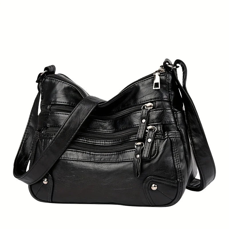 Multi-Zipper Vegan Leather Crossbody Bag with Adjustable Shoulder Strap