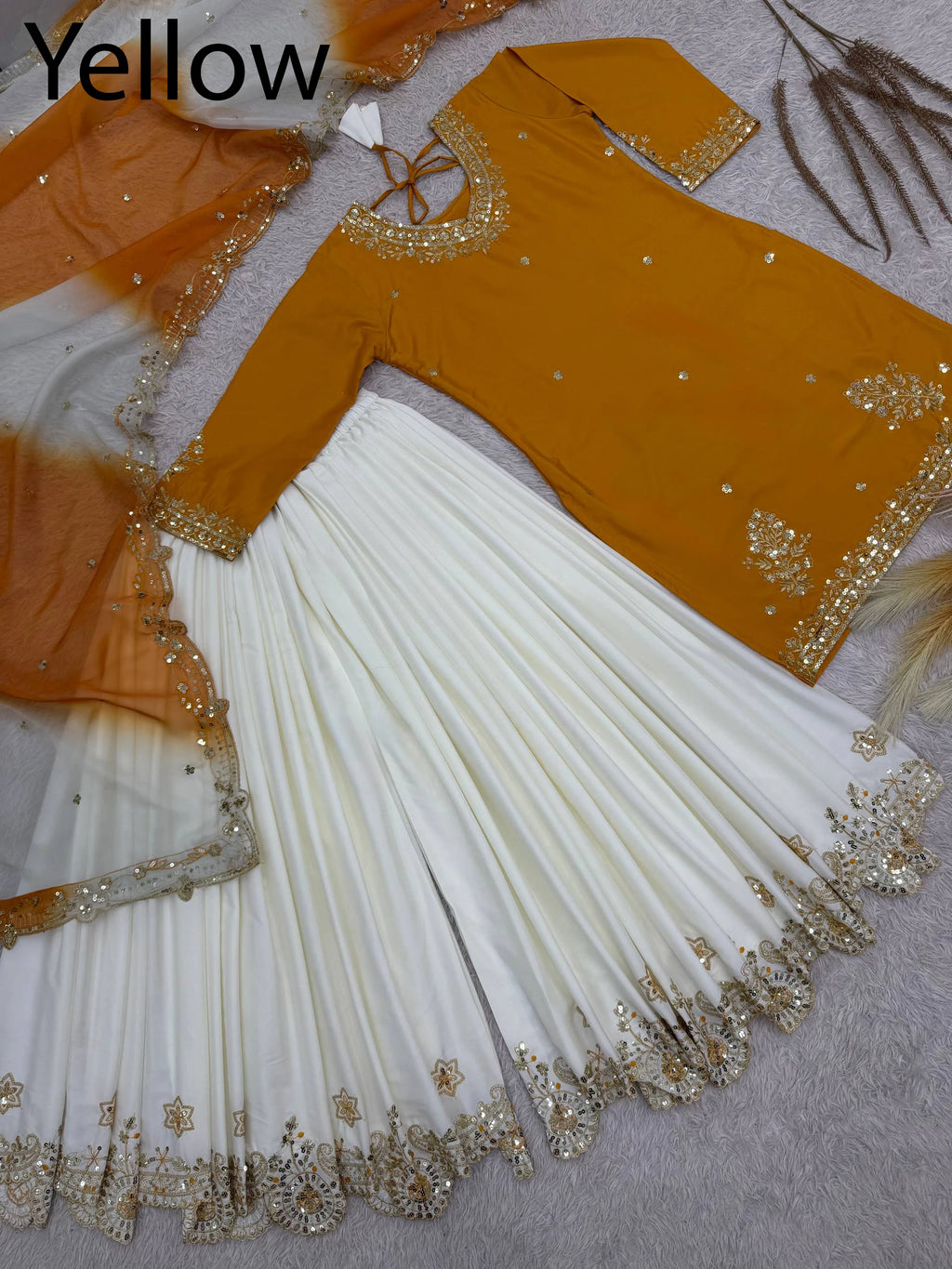 Wholesale Stitched Designer Indian Sequin Embroidered Crepe Sharara Gharara Kurti Set Diwali Wedding PartyWear 3Pcs Premium